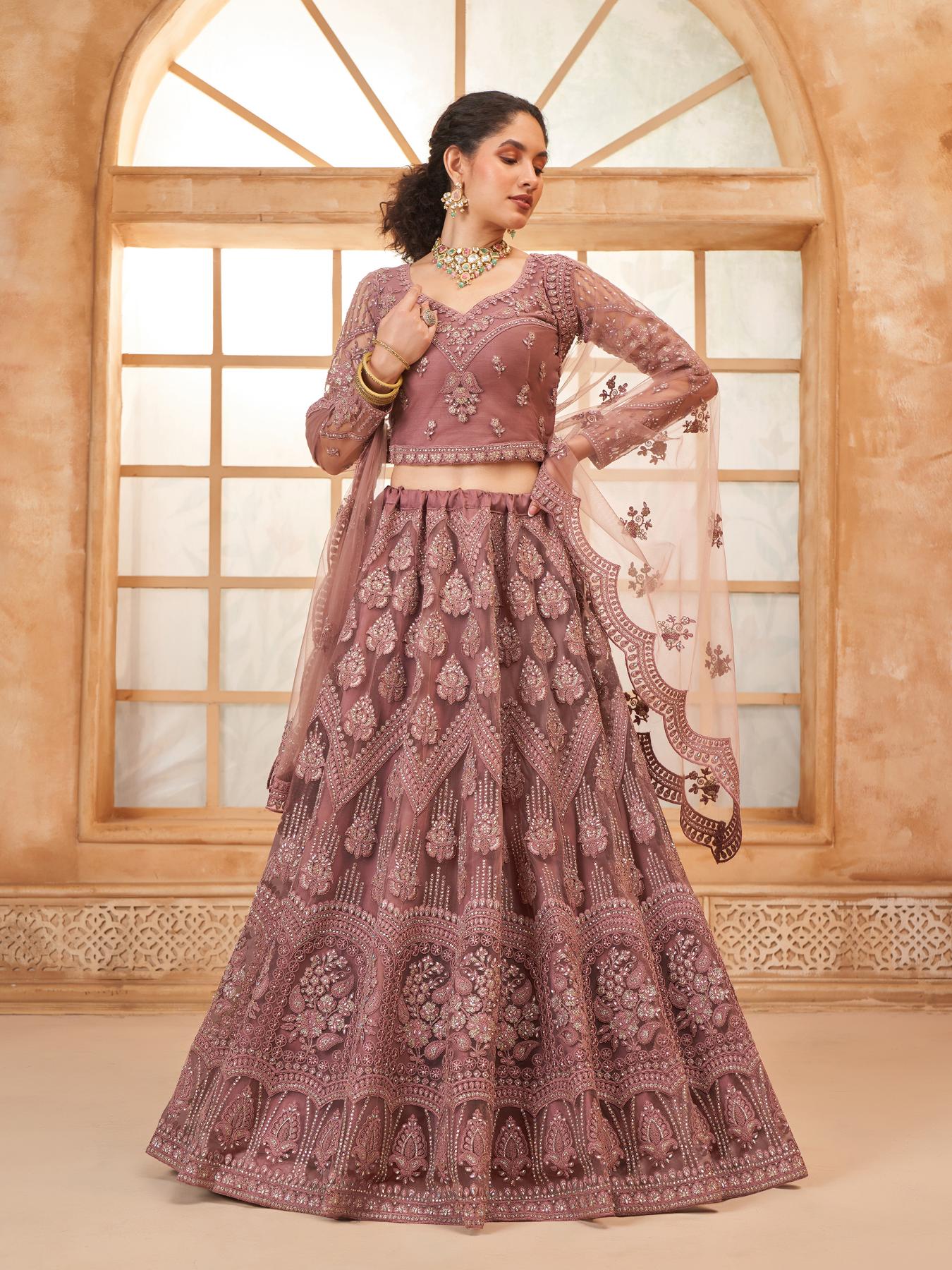 Congo Brown Heavy Embroidered Net Lehenga Choli With Dupatta