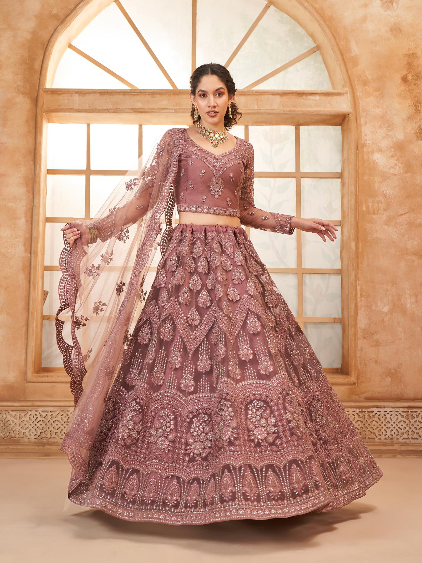 Congo Brown Heavy Embroidered Net Lehenga Choli With Dupatta