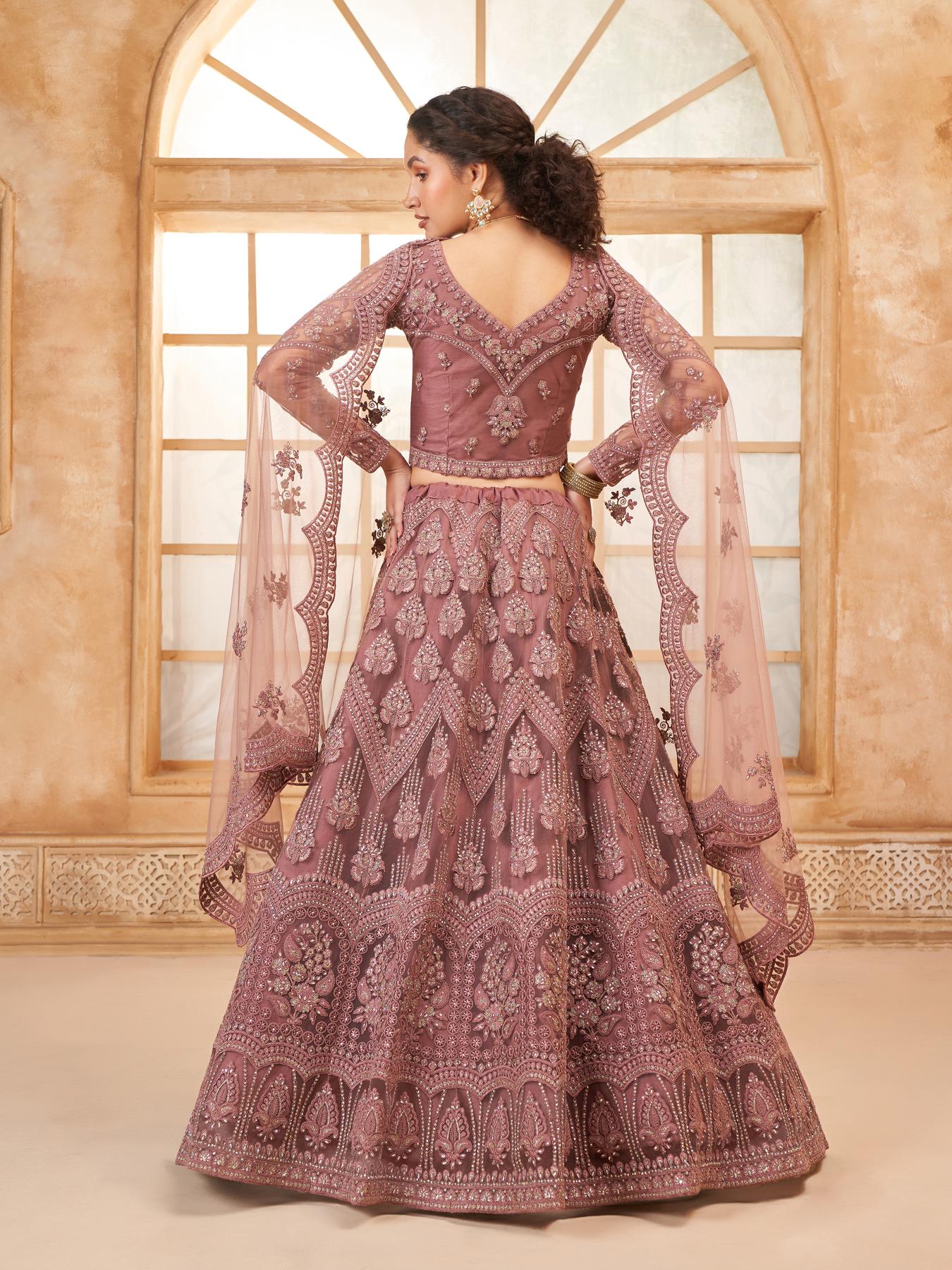 Congo Brown Heavy Embroidered Net Lehenga Choli With Dupatta