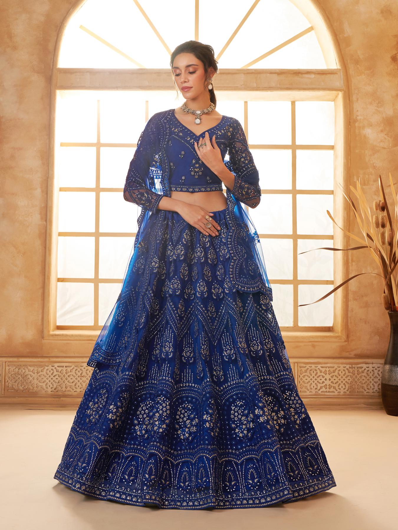 Royal Blue Heavy Embroidered Net Lehenga Choli With Dupatta