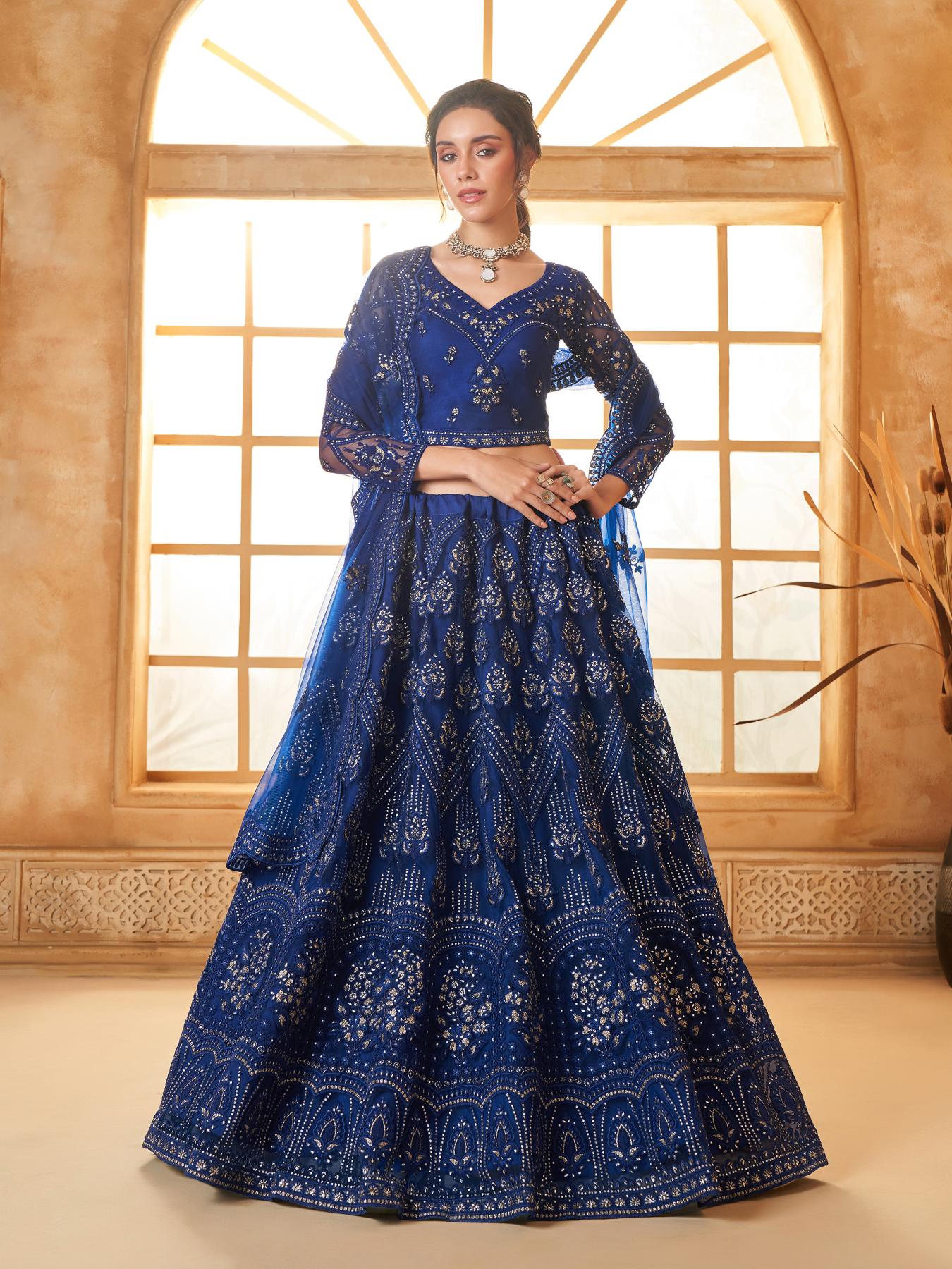 Royal Blue Heavy Embroidered Net Lehenga Choli With Dupatta