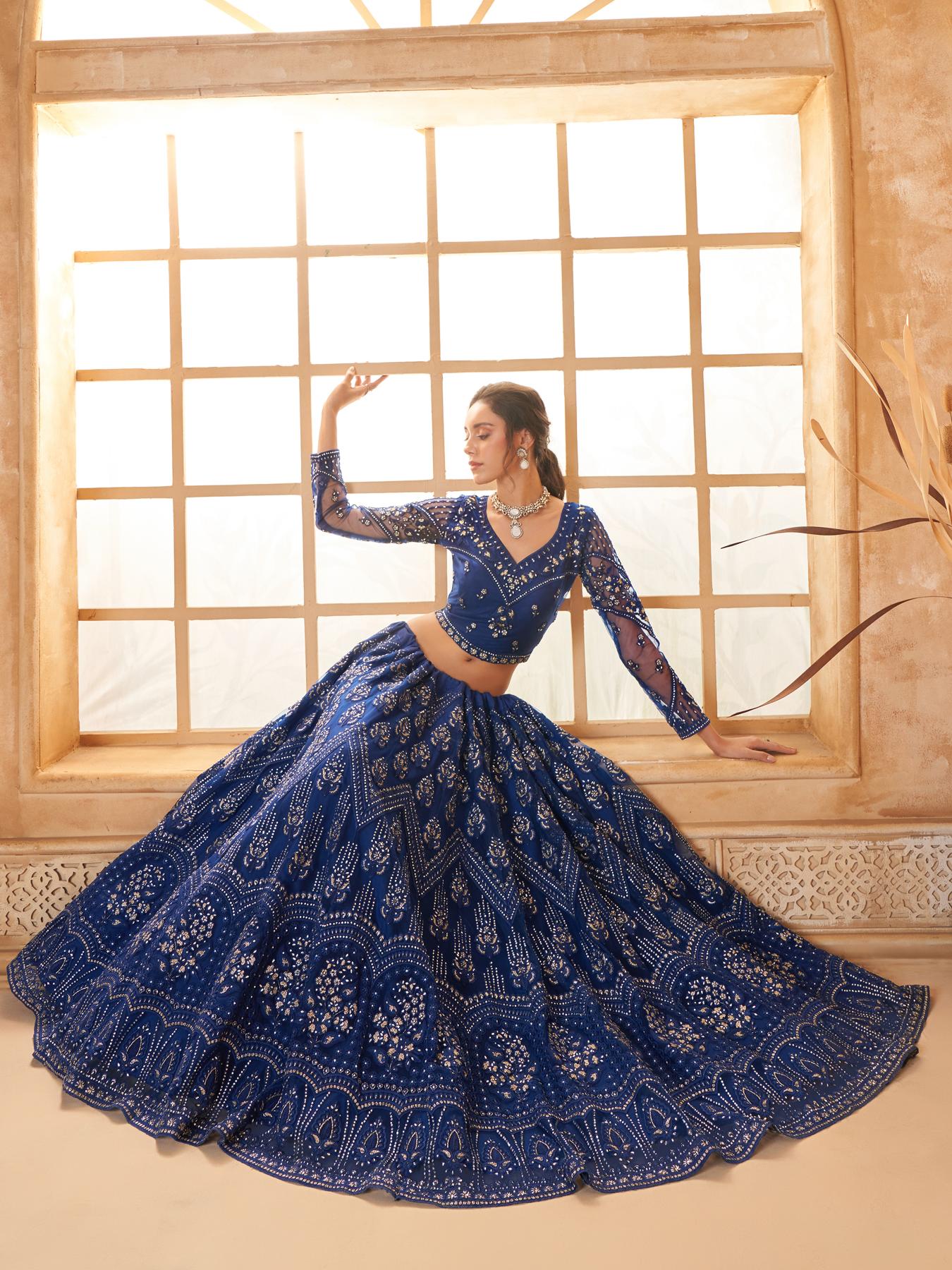 Royal Blue Heavy Embroidered Net Lehenga Choli With Dupatta