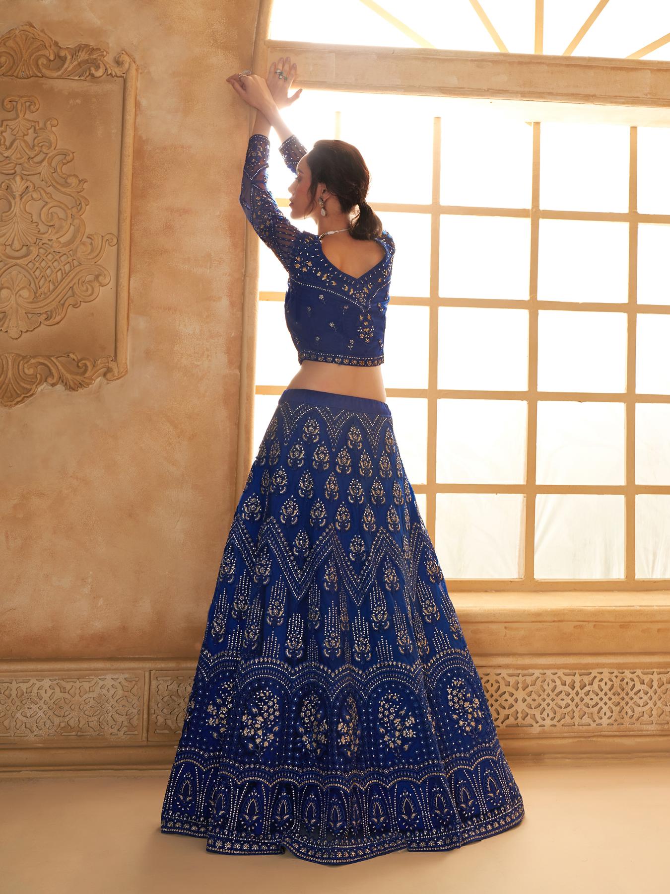 Royal Blue Heavy Embroidered Net Lehenga Choli With Dupatta