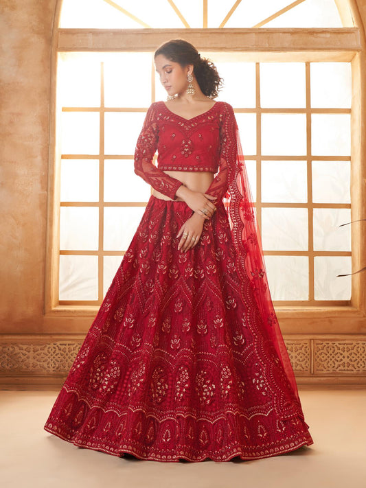 Bridal Red Heavy Embroidered Net Lehenga Choli With Dupatta