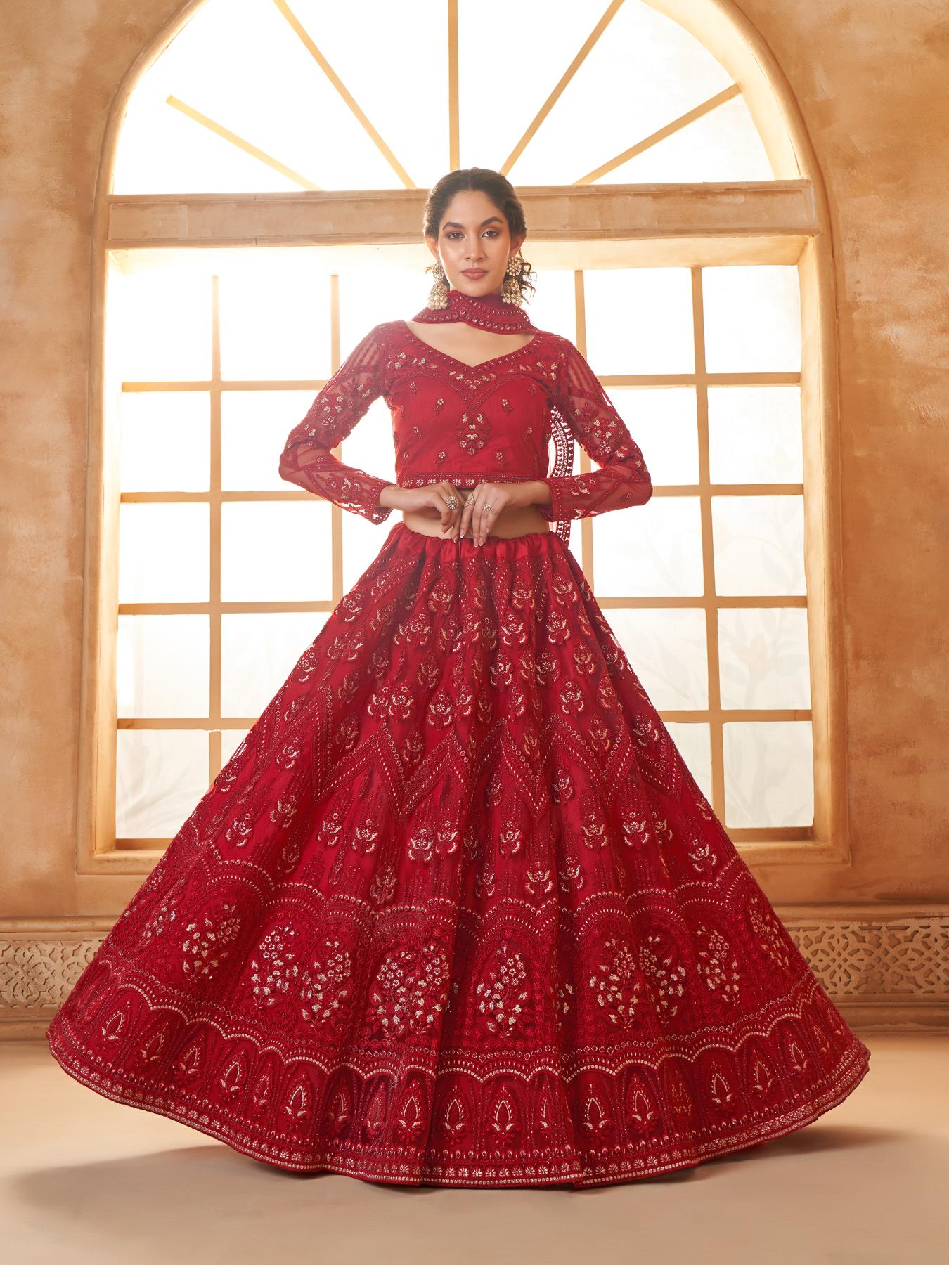 Bridal Red Heavy Embroidered Net Lehenga Choli With Dupatta