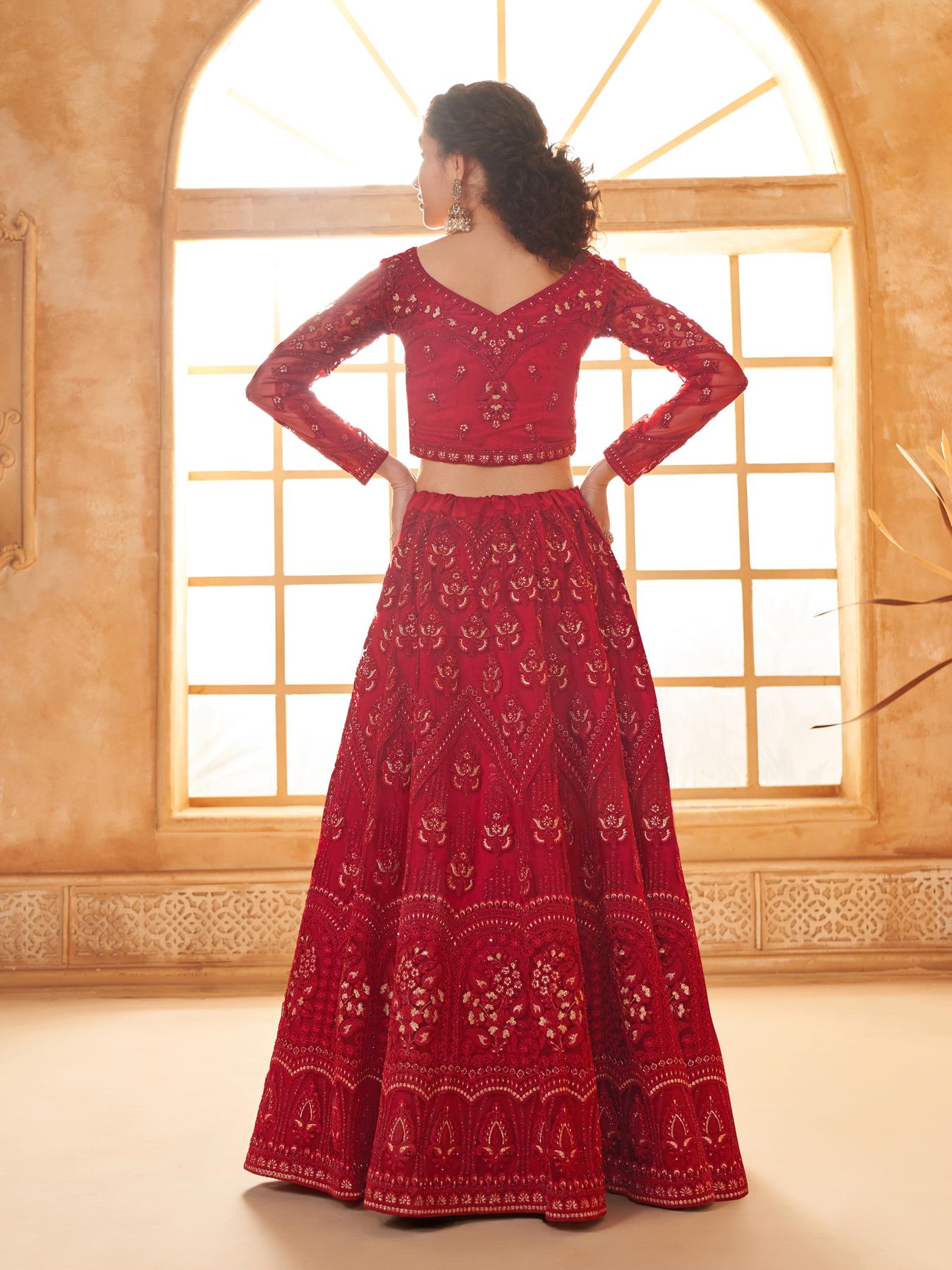 Bridal Red Heavy Embroidered Net Lehenga Choli With Dupatta