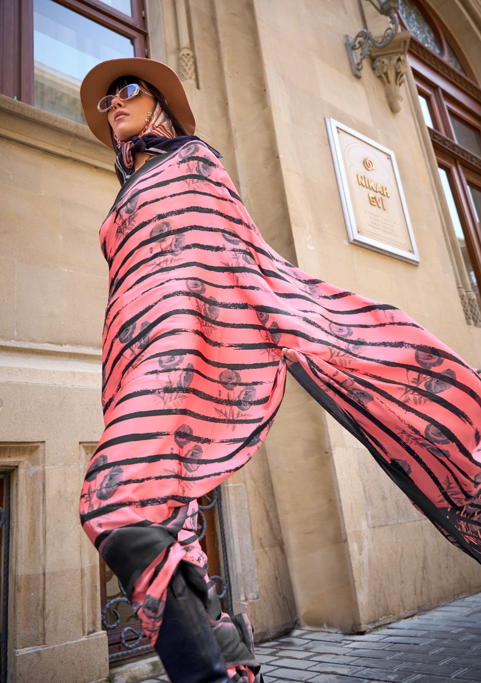 Salmon Pink & Stripes Printed Satin Crepe Silk Saree