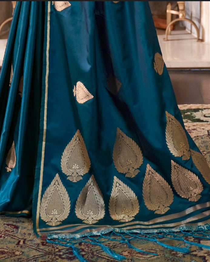 Misty Teal Zari Spades Satin Silk Saree