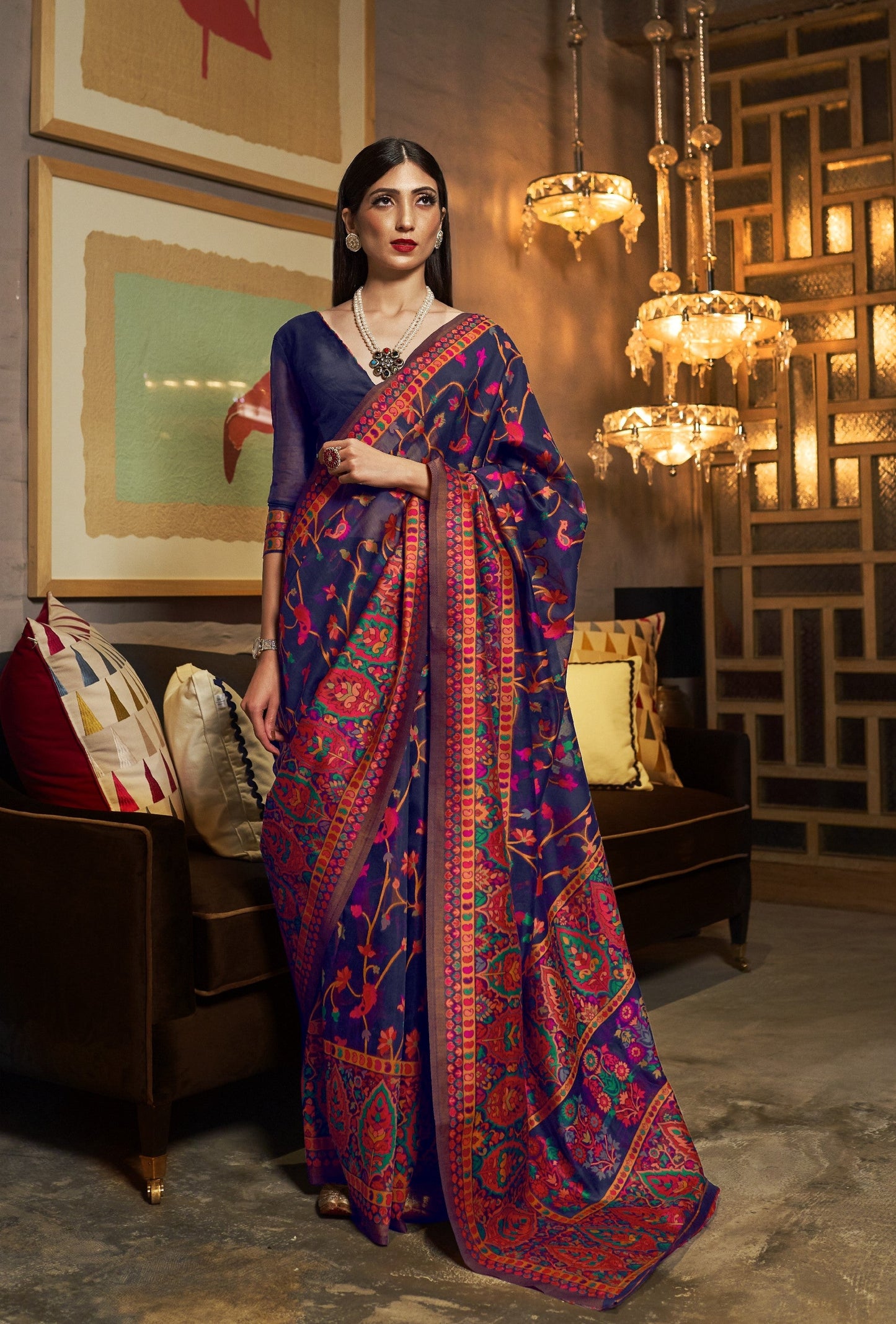 Navy Blue Kashmiri Kani Jamewar Saree