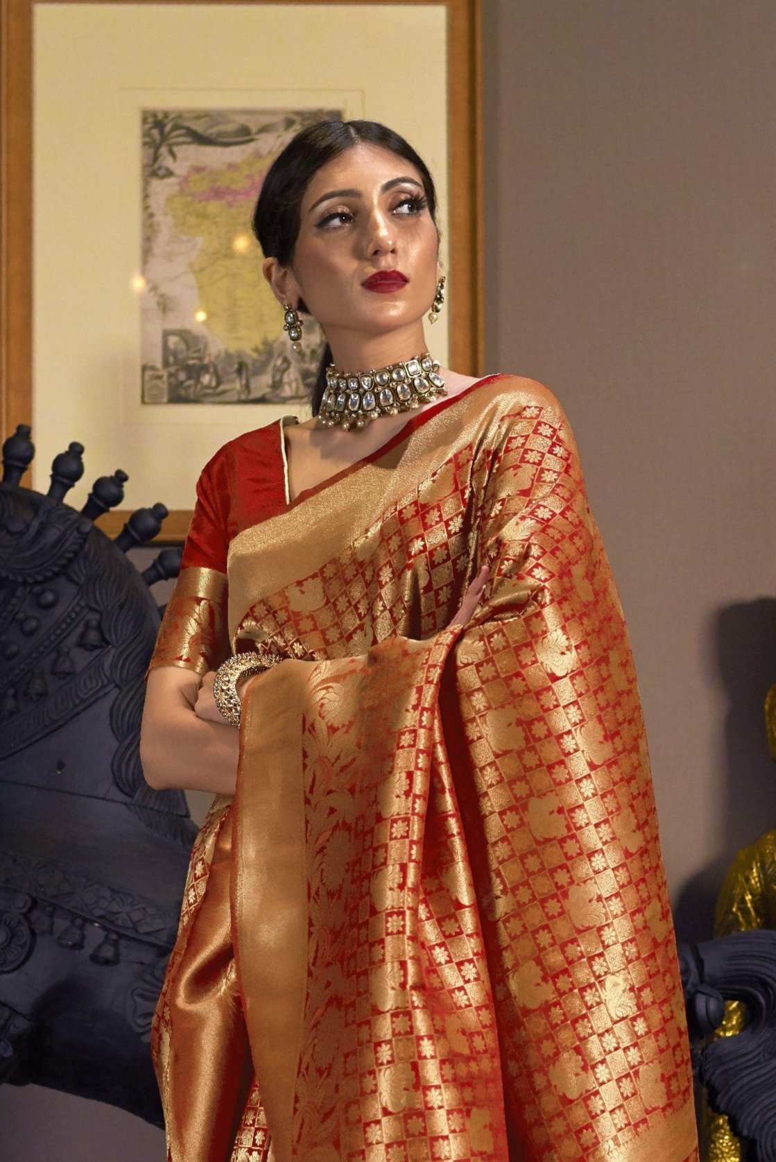 Golden Red Kanjivaram Silk Saree