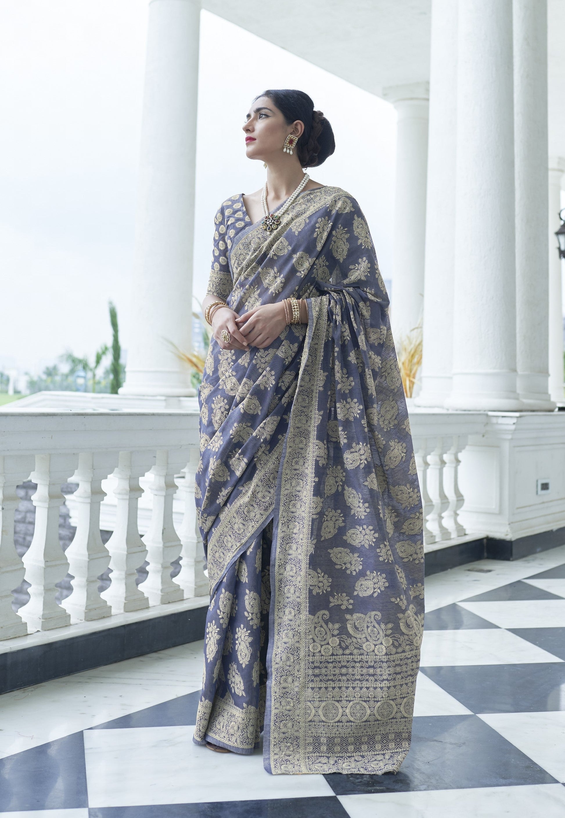 Bluish Grey Weaved Lucknowi Chikankari Saree