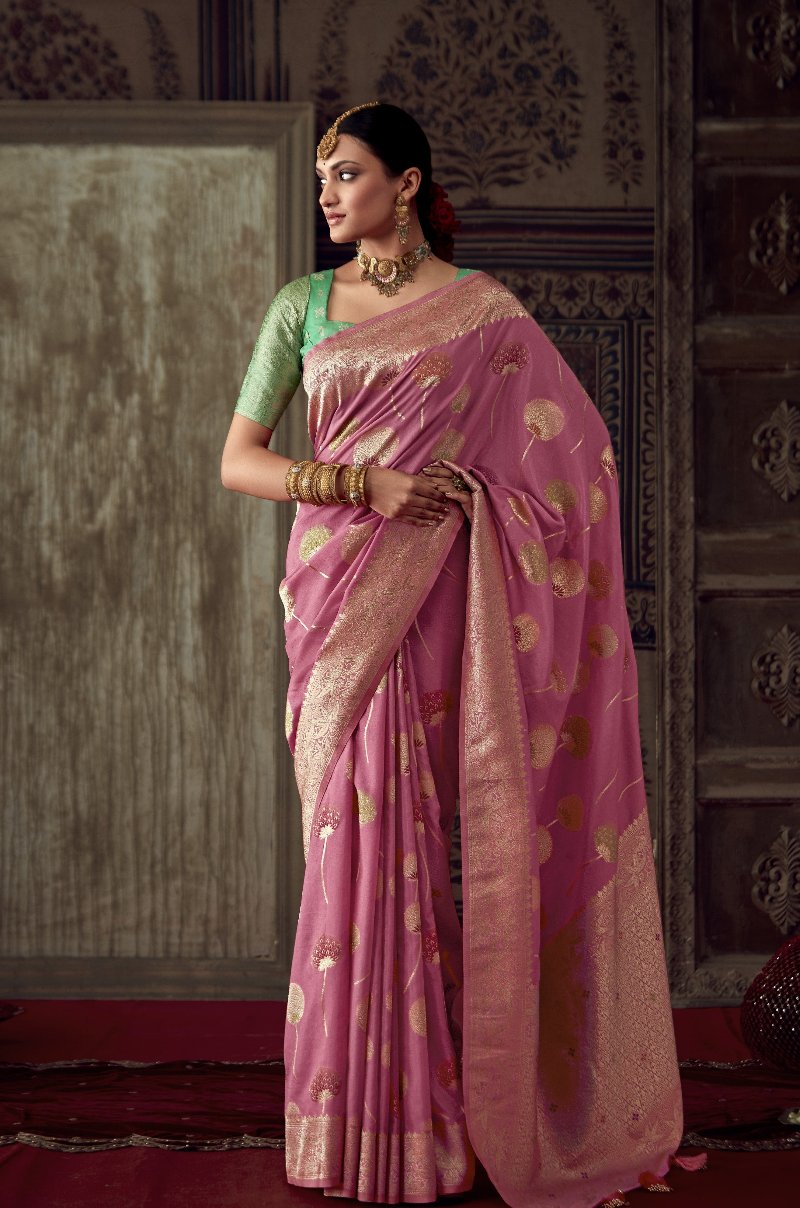 Rose Pink Banarasi Handloom Silk Saree