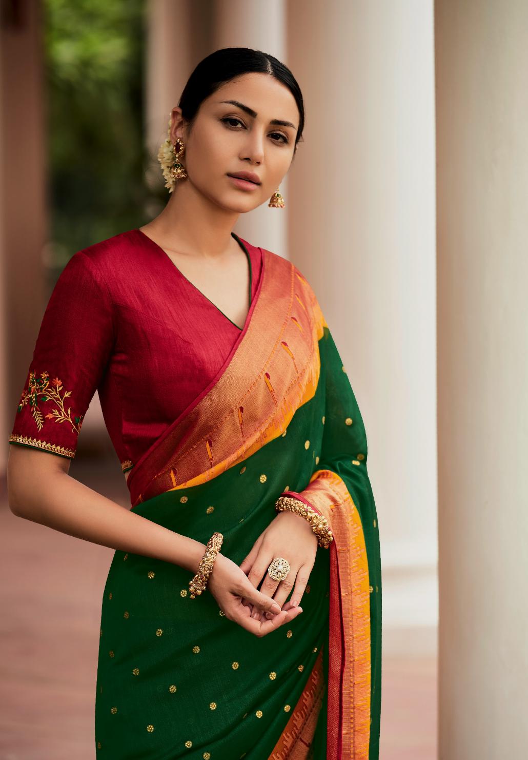 Green & Red Pathani Saree With Embroidered Blouse