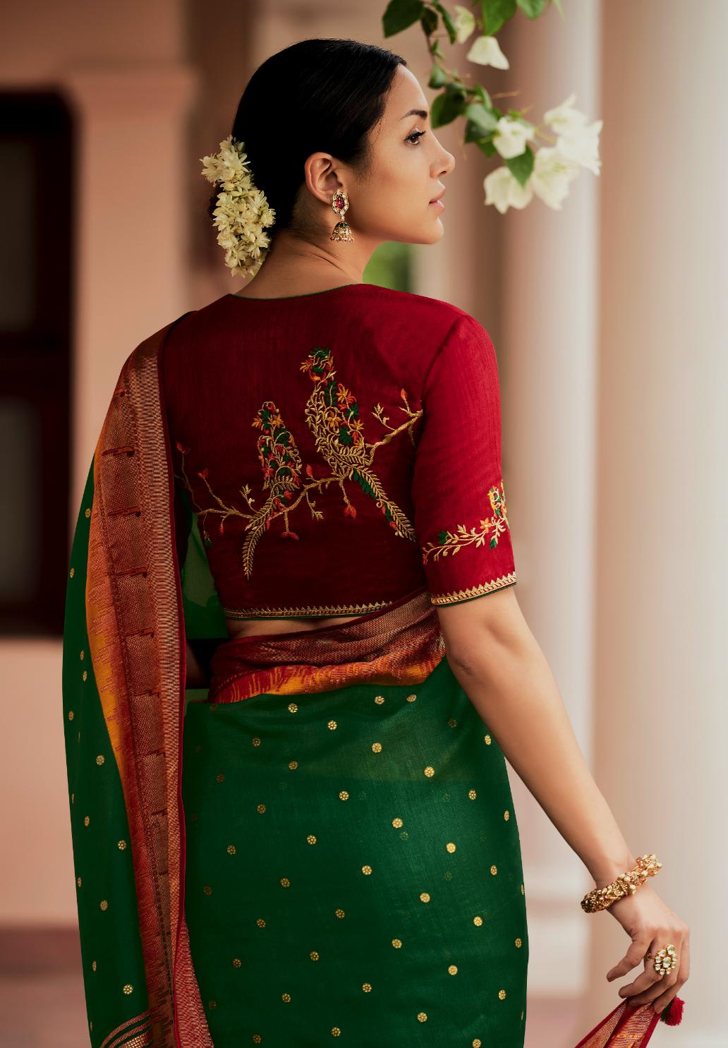 Green & Red Pathani Saree With Embroidered Blouse