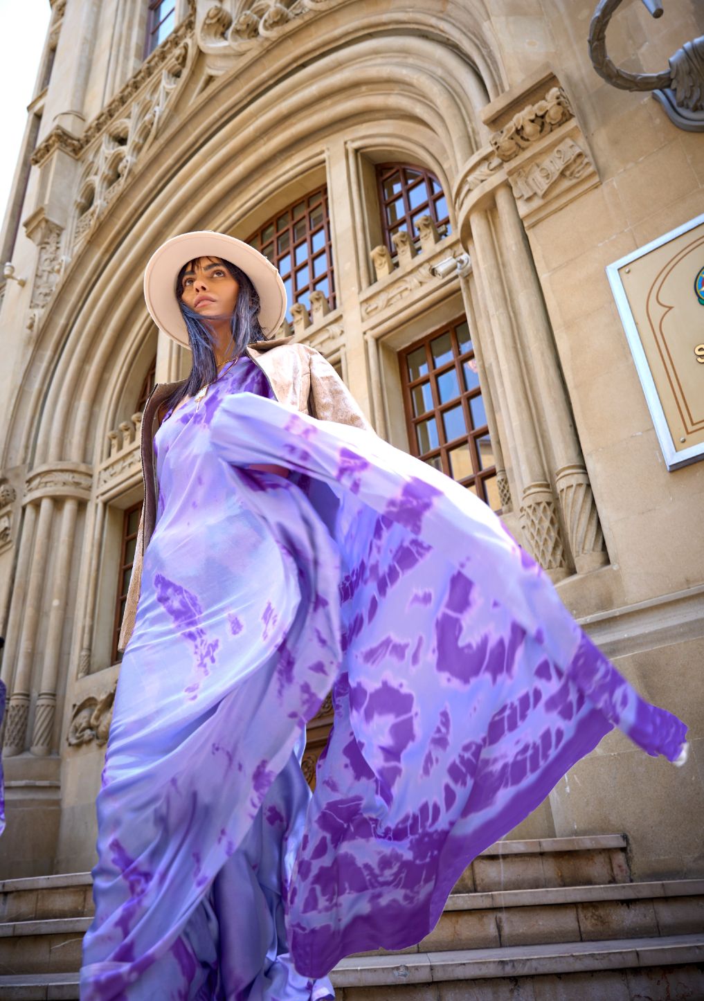 Light Purple Printed Satin Crepe Silk Saree