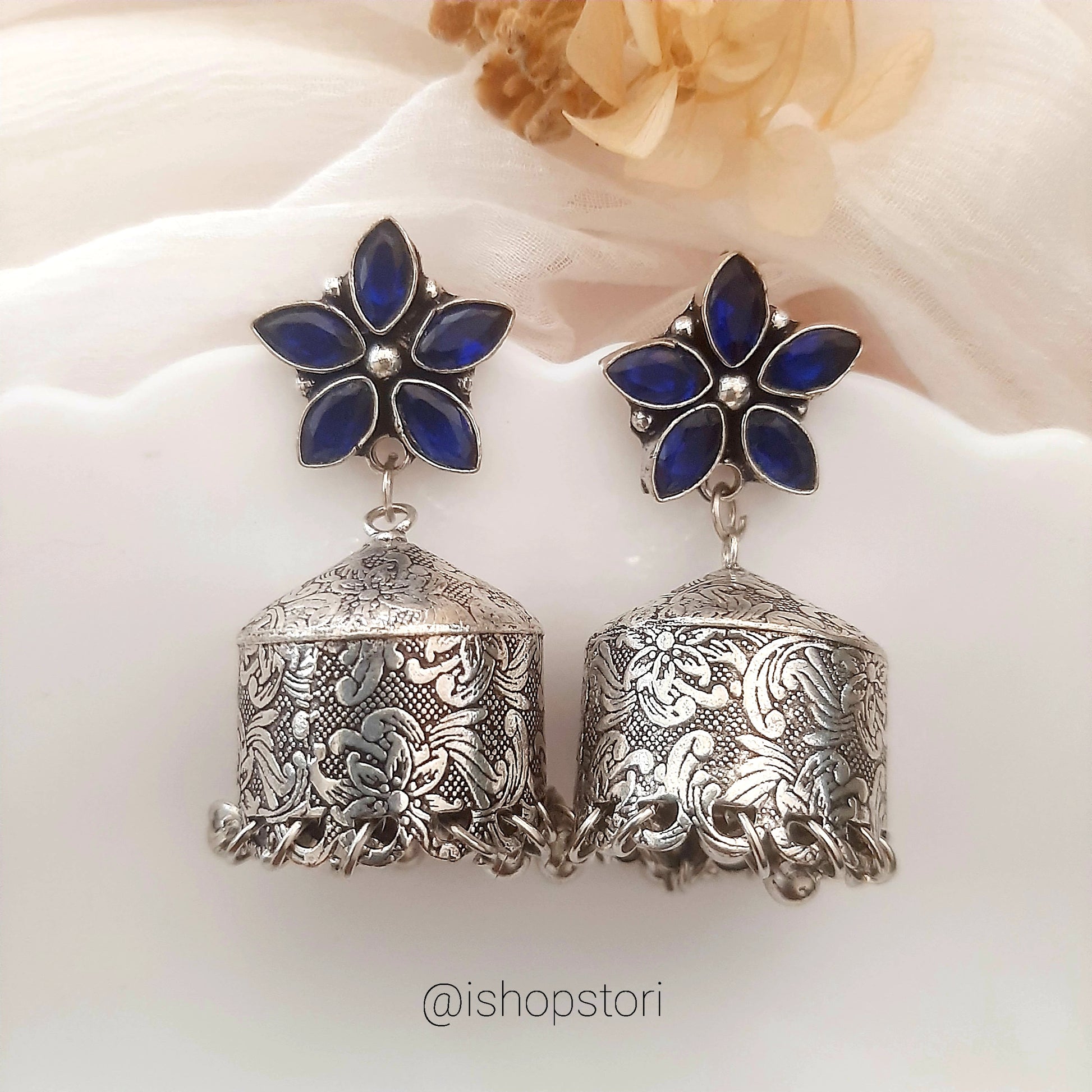 Blue Lagoon Stone Studded Oxidised Jhumka Earrings