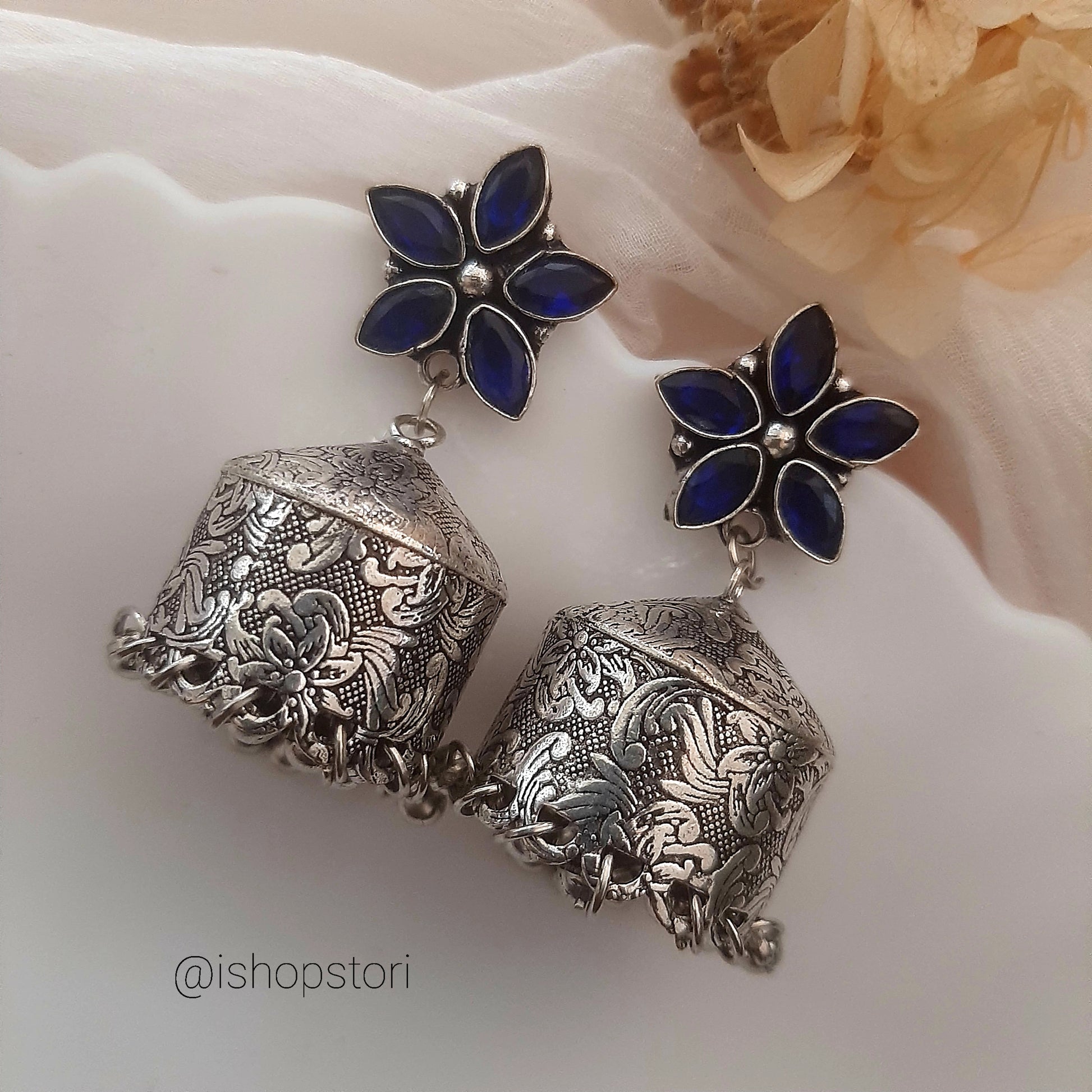 Blue Lagoon Stone Studded Oxidised Jhumka Earrings