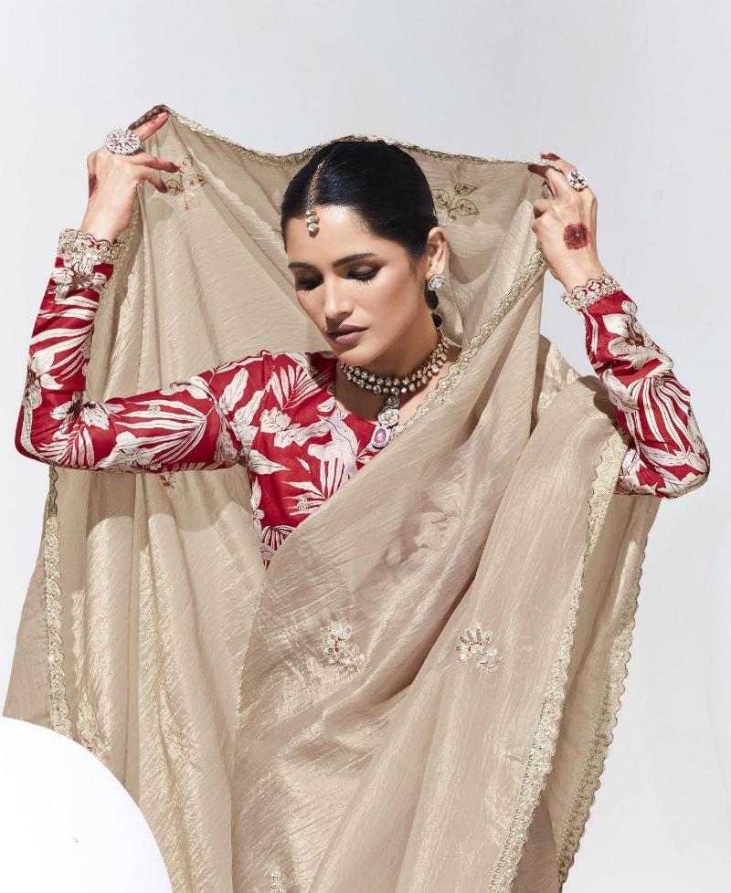 Porcelain Ivory Crush Tissue Silk Saree Designer Blouse