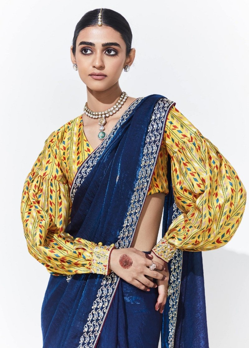 Berry Blue Crush Tissue Silk Saree With Designer Blouse