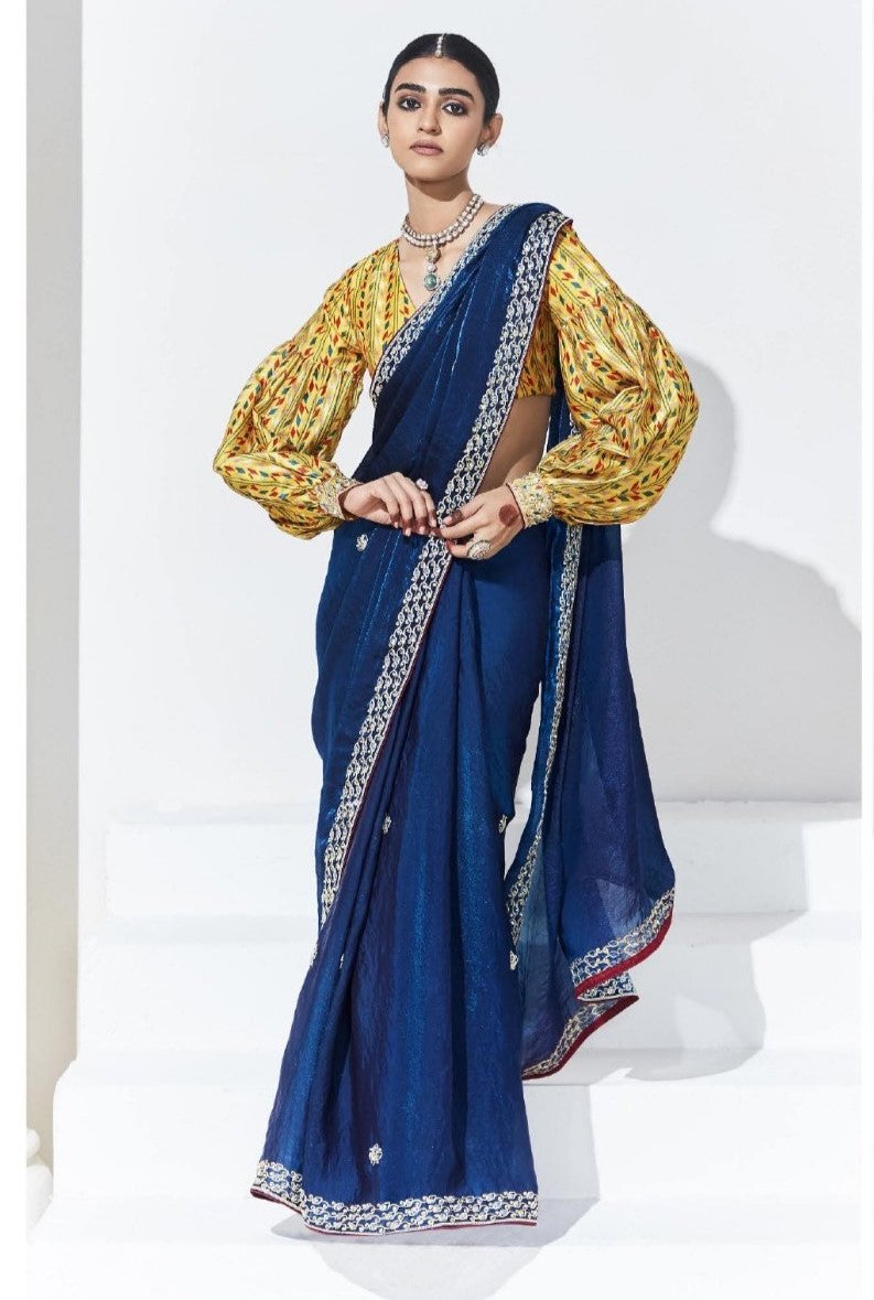 Berry Blue Crush Tissue Silk Saree With Designer Blouse