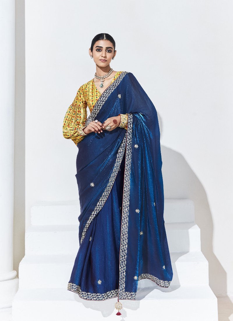 Berry Blue Crush Tissue Silk Saree With Designer Blouse