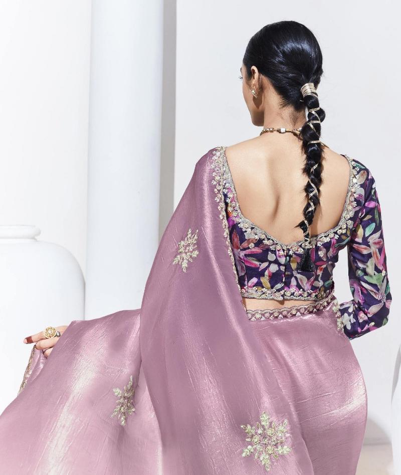 Pastel Mauve Crush Tissue Silk Saree With Designer Blouse