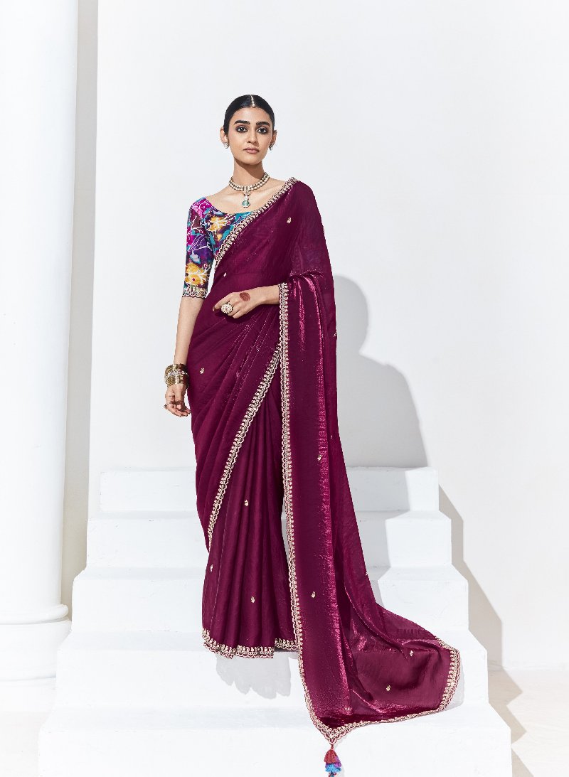 County Wine Crush Tissue Silk Saree With Designer Blouse