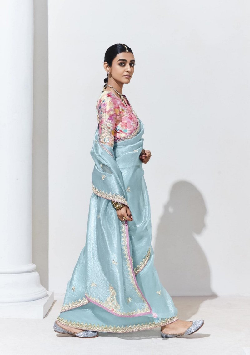 Pastel Blue Crush Tissue Silk Saree With Designer Blouse