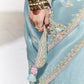 Pastel Blue Crush Tissue Silk Saree With Designer Blouse