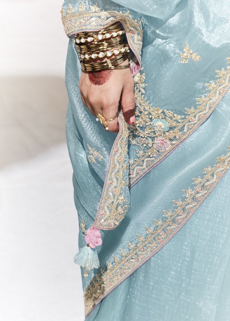 Pastel Blue Crush Tissue Silk Saree With Designer Blouse