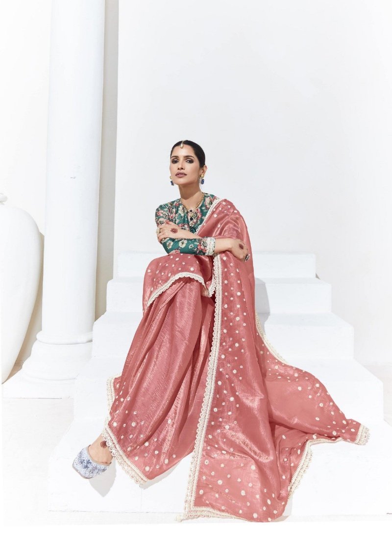 Onion Pink Crush Tissue Silk Saree With Designer Blouse