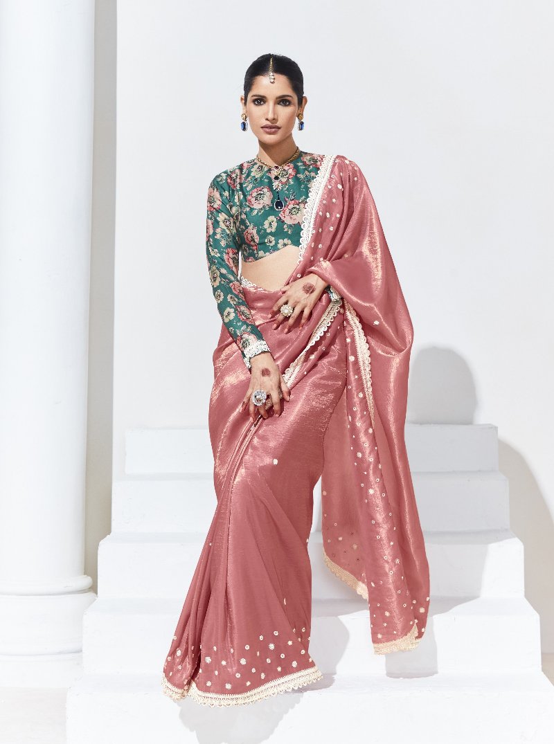 Onion Pink Crush Tissue Silk Saree With Designer Blouse