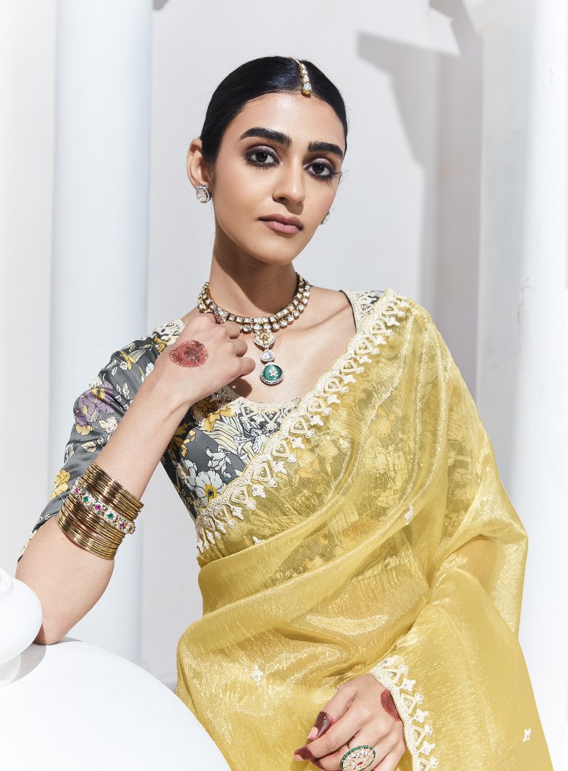 Pale Yellow Crush Tissue Silk Saree With Designer Blouse