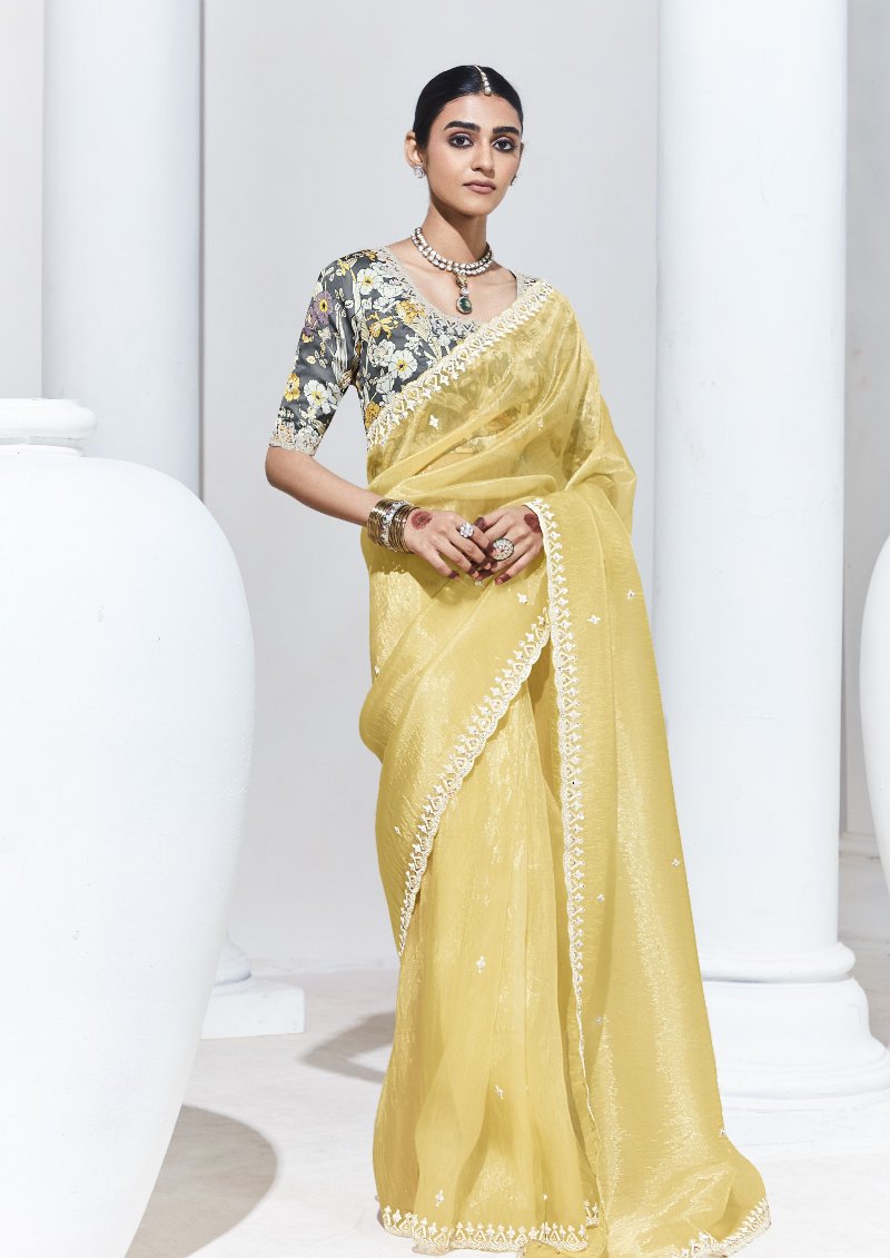 Pale Yellow Crush Tissue Silk Saree With Designer Blouse