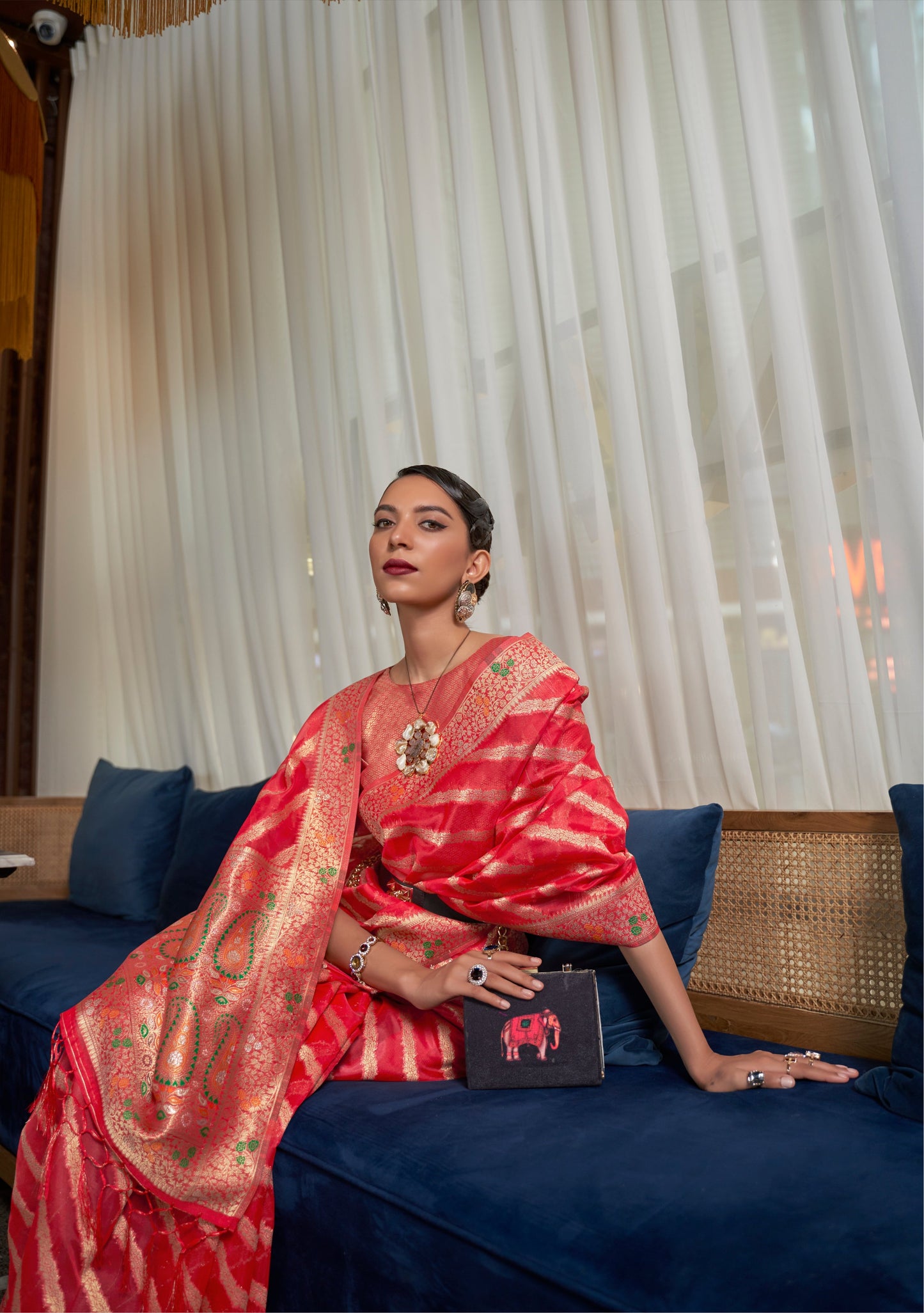 Apple Red Organza Silk Saree