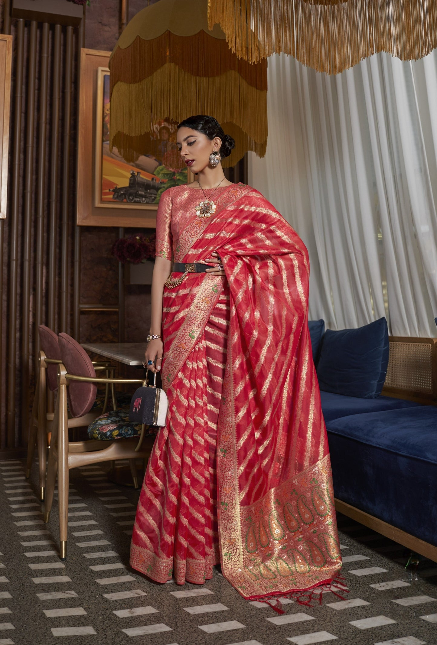 Apple Red Organza Silk Saree