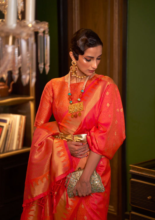 Orange Red Zari Woven Broad Floral Border Handloom Silk Saree