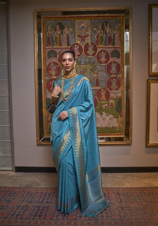 Aquamarine Blue Zari Woven Broad Floral Border Handloom Silk Saree