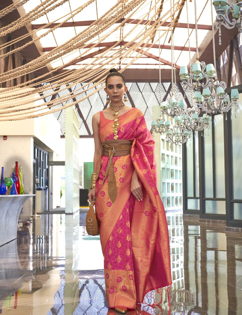 Bright Pink & Orange Zari Woven Broad Floral Border Handloom Silk Saree