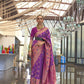 Blue & Magenta Zari Woven Broad Floral Border Handloom Silk Saree