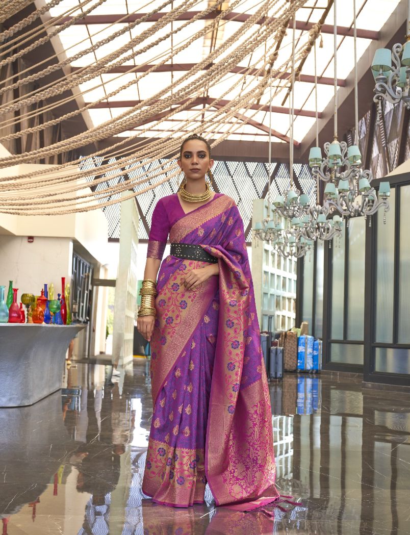 Blue & Magenta Zari Woven Broad Floral Border Handloom Silk Saree