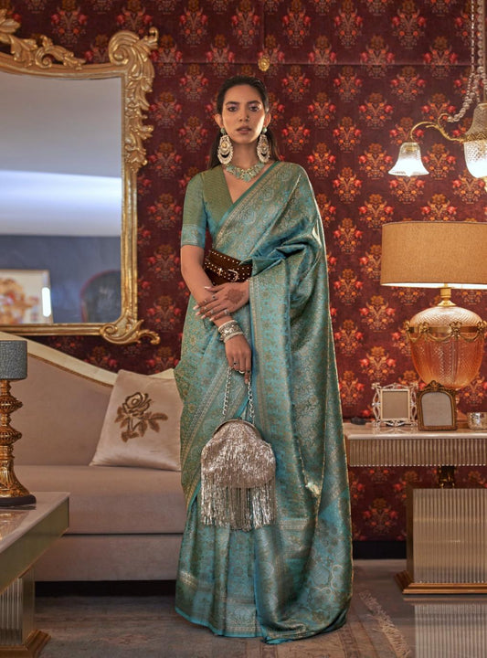 Greenish Blue Brocade Woven Kanjivaram Silk Saree