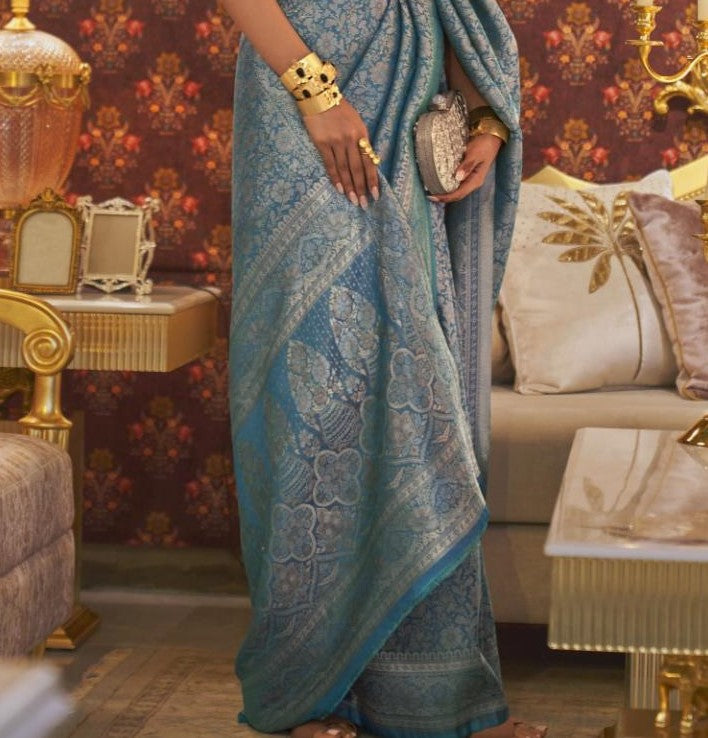 Greyish Blue Brocade Woven Kanjivaram Silk Saree