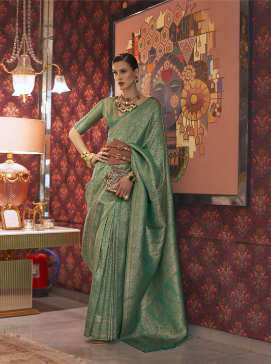 Mercerized Green Brocade Woven Kanjivaram Silk Saree