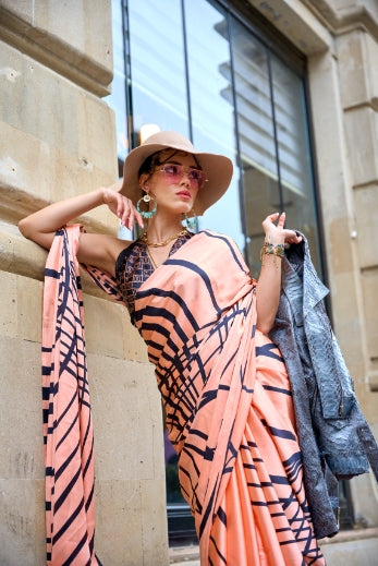 Peach Printed Satin Crepe Silk Statement Saree