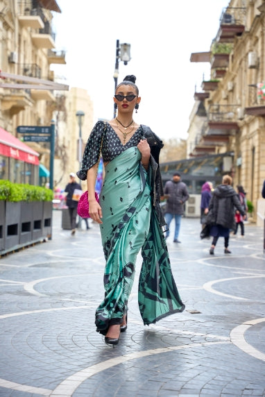 Blueish Green Printed Satin Crepe Silk Statement Saree