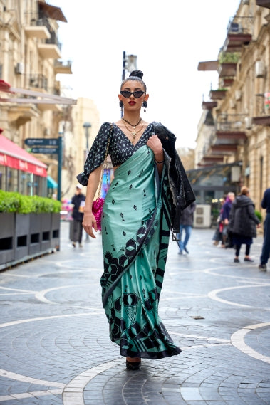 Blueish Green Printed Satin Crepe Silk Statement Saree