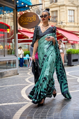 Blueish Green Printed Satin Crepe Silk Statement Saree