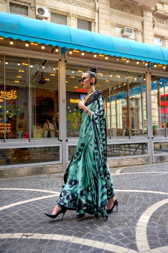 Blueish Green Printed Satin Crepe Silk Statement Saree