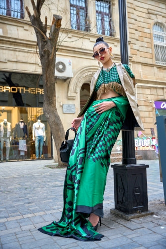 Green Printed Satin Crepe Silk Statement Saree